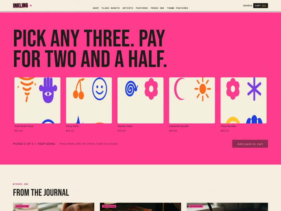 "Pick any three, pay for two and a half" bundle builder with a row of selectable tattoo packs and a running pick counter.