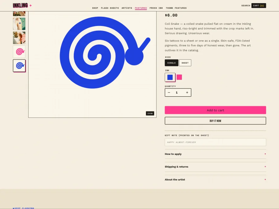 Product page with ink-colorway swatches: a blue riso spiral tattoo with selectable Ink colors, size, quantity and a printed gift note.