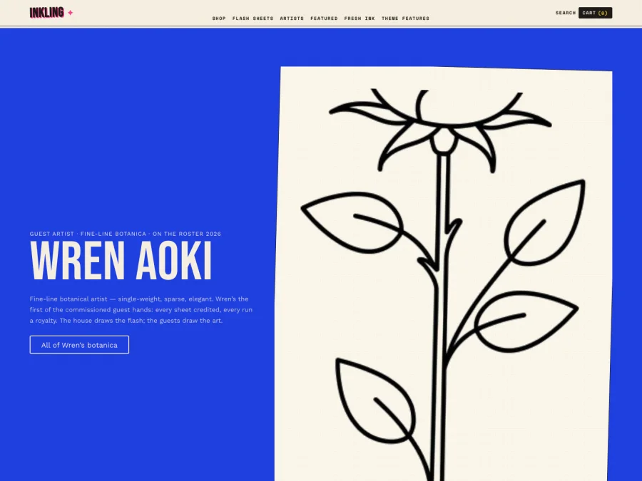 Creator spotlight for guest artist Wren Aoki: a fine-line botanical illustration with the artist's bio on a bold blue scheme.